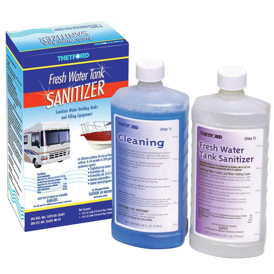 Thetford envase frontal del sanitizador, muestra uso claro y limpieza eficaz