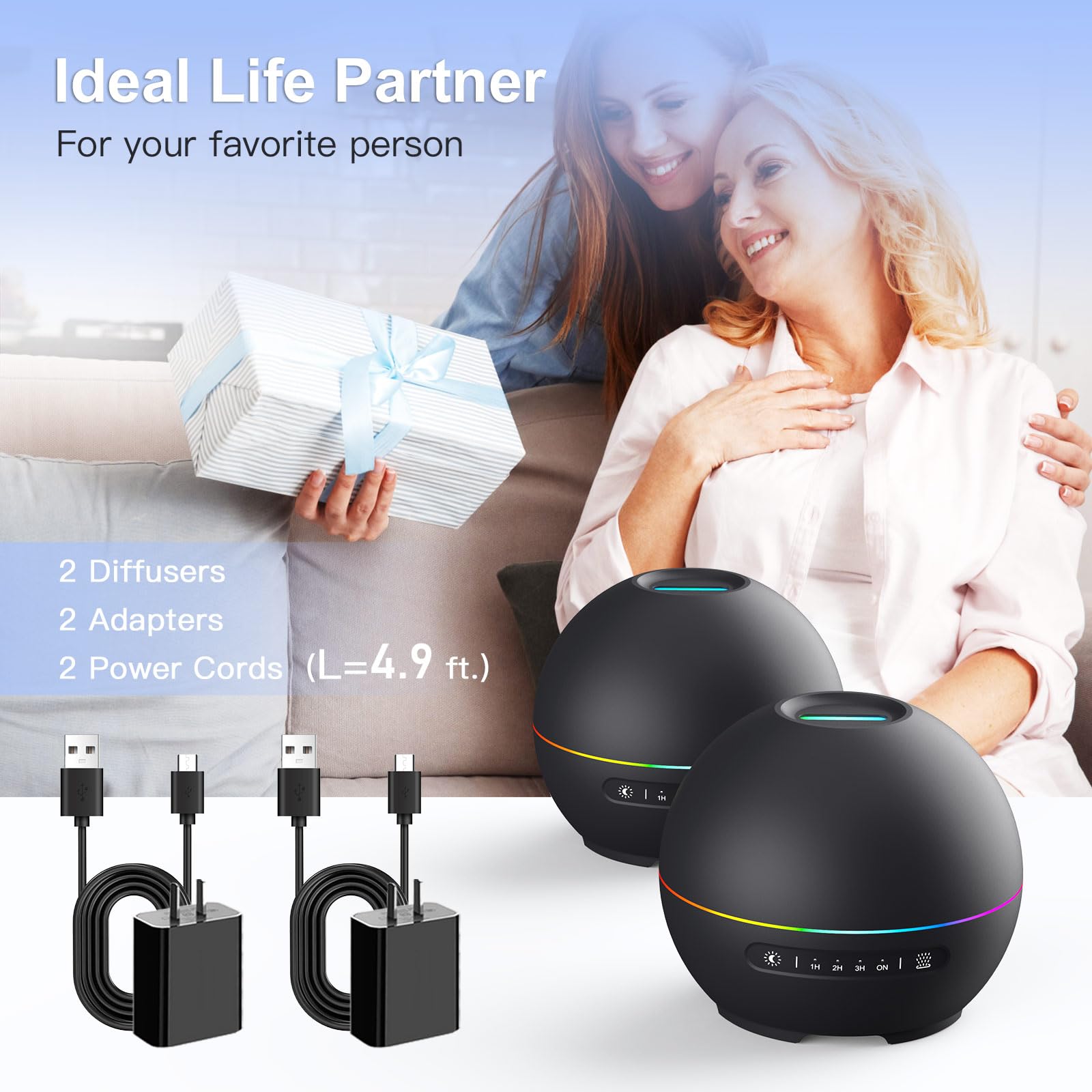 THIMONES difusor mostrando adaptadores AC y cables USB incluidos en el pack