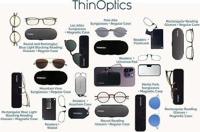 ThinOptics estuche abierto mostrando gafas plegadas, protección segura
