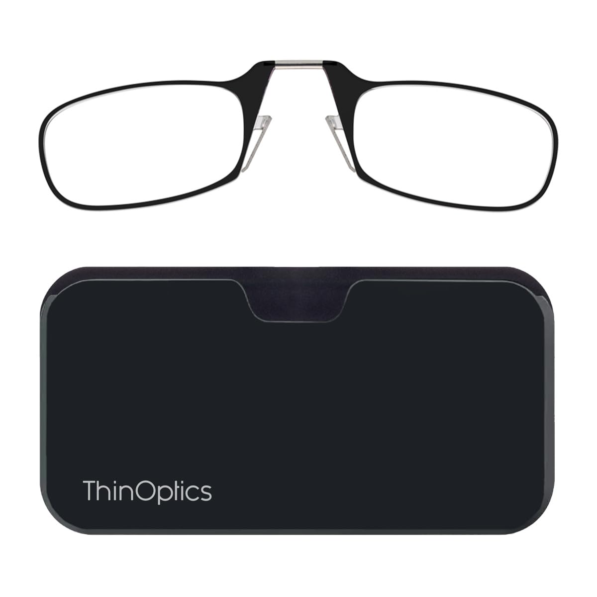 ThinOptics frontal montura negra mostrando diseño compacto y beneficio de portabilidad