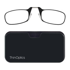 ThinOptics frontal montura negra mostrando diseño compacto y beneficio de portabilidad