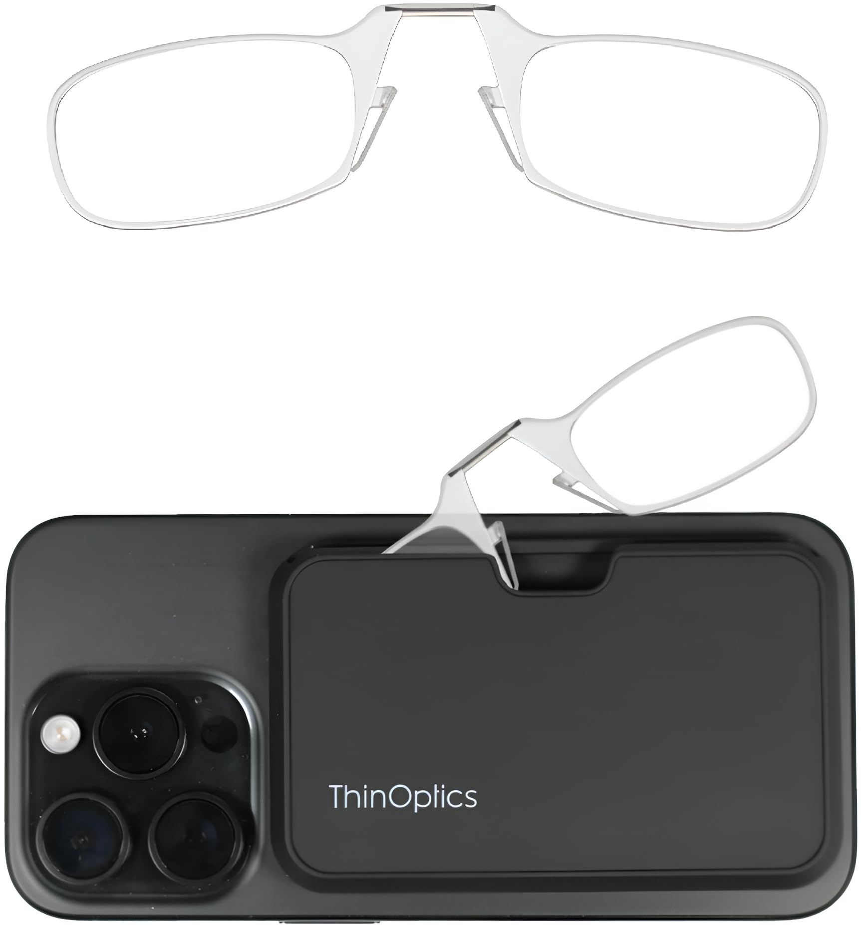 ThinOptics vista frontal montura transparente, portátil y ligera