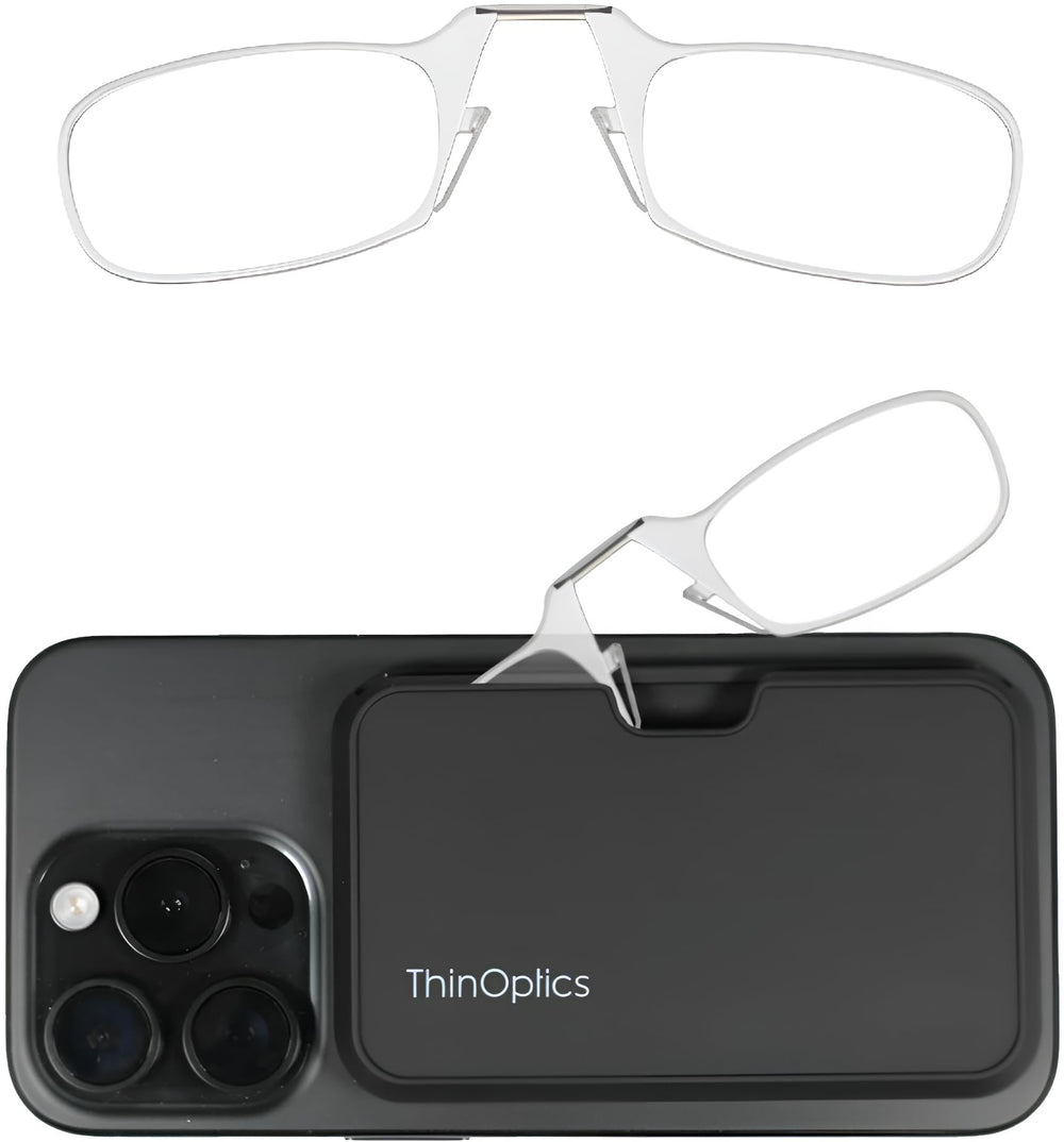 ThinOptics vista frontal montura transparente, portátil y ligera