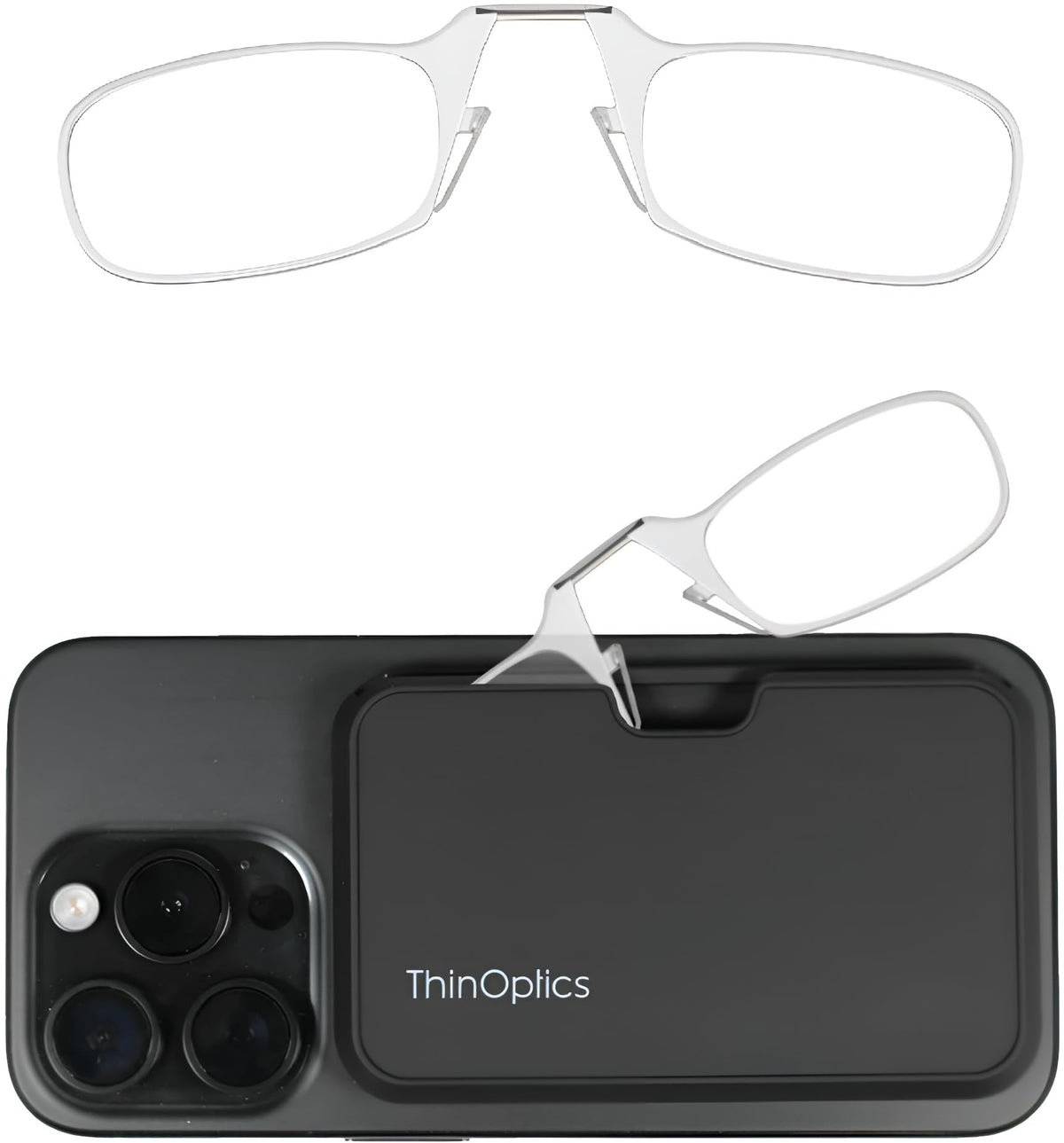 ThinOptics vista frontal montura transparente, portátil y ligera
