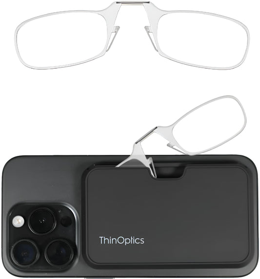 ThinOptics vista frontal montura transparente, portátil y ligera