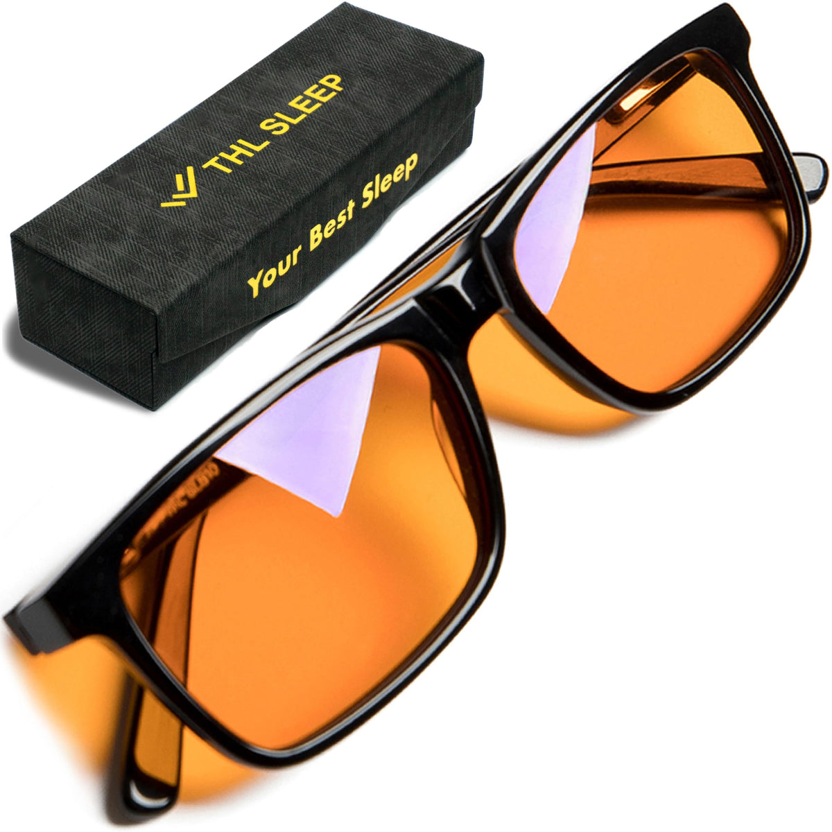 THL SLEEP frontal de gafas ámbar mostrando lentes y beneficio visual