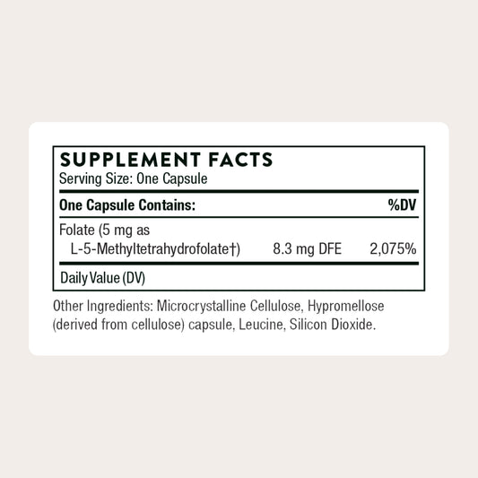 THORNE 5-MTHF cápsulas detalle: ingesta diaria fácil.