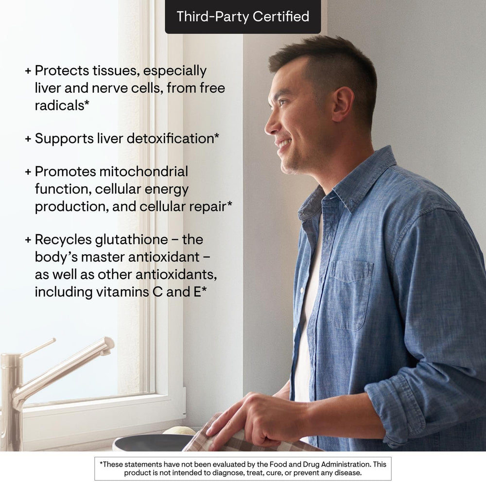 Caja de THORNE Alfa Lipoico 300 mg en empaque seguro.