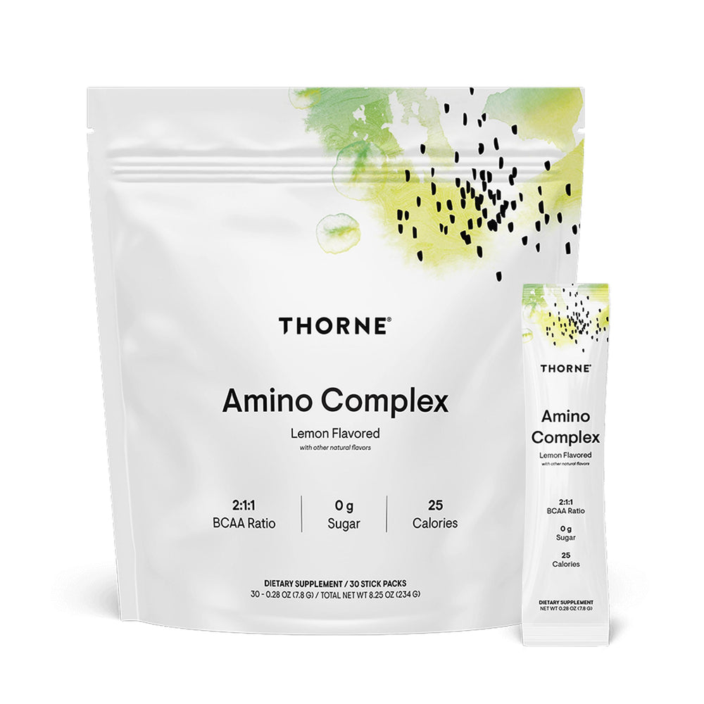 THORNE Amino Complex lemon powder scoop highlights flavor and pre/post-workout amino support