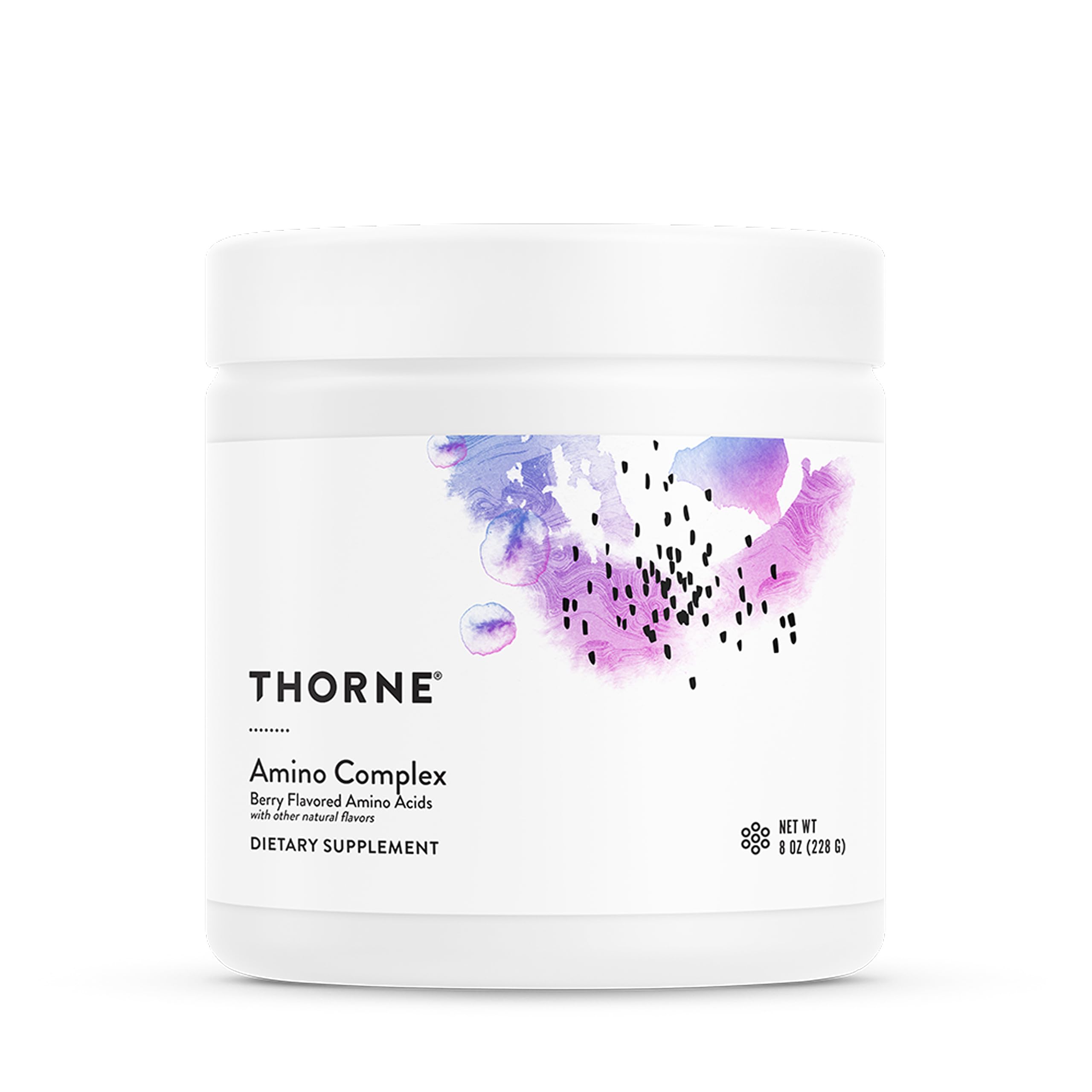 Envase THORNE Amino Complex frontal mostrando etiqueta y servicio claro