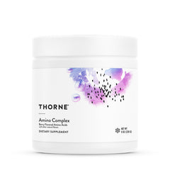 Envase THORNE Amino Complex frontal mostrando etiqueta y servicio claro