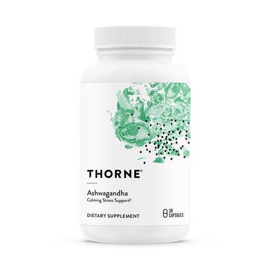 THORNE Ashwagandha: botella frontal para apoyo al manejo del estrés y energía diurna