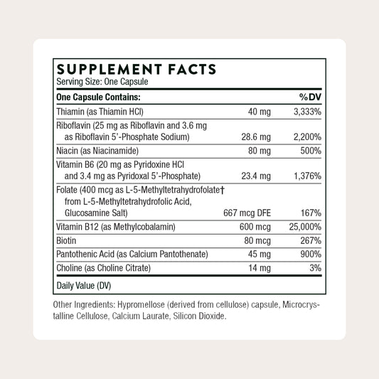 THORNE B-Complex 12 etiqueta clara, diseño legible y confiable