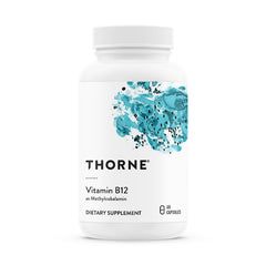 THORNE B12 methylcobalamin en botella, apoyo potencial para energía diaria y salud nerviosa.
