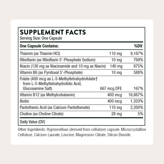 THORNE Basic B-Complex cápsulas: fáciles de tragar para metabolismo diario.