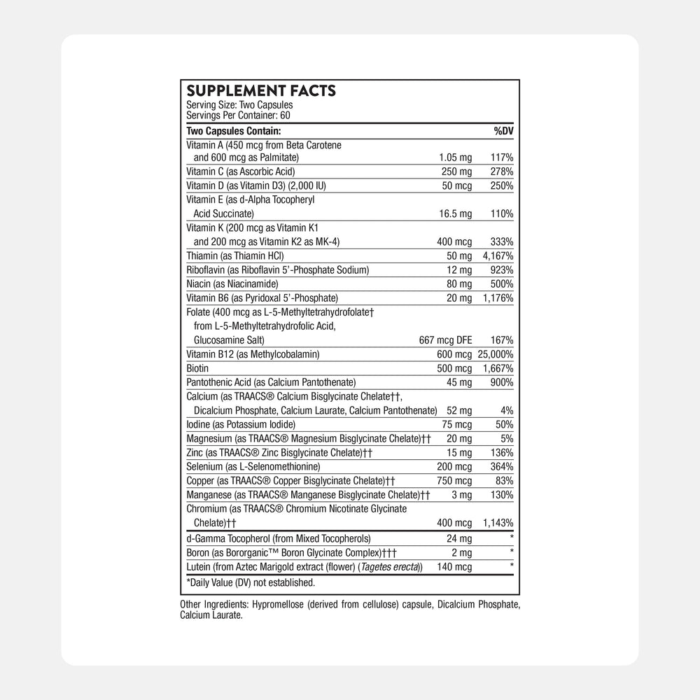 Thorne Basic Nutrients 2/Day capsules close-up showing bioavailable vitamins for daily wellness.