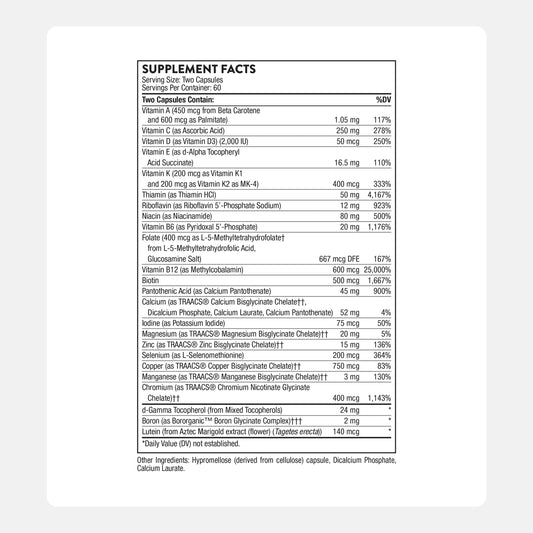 Thorne Basic Nutrients 2/Day capsules close-up showing bioavailable vitamins for daily wellness.