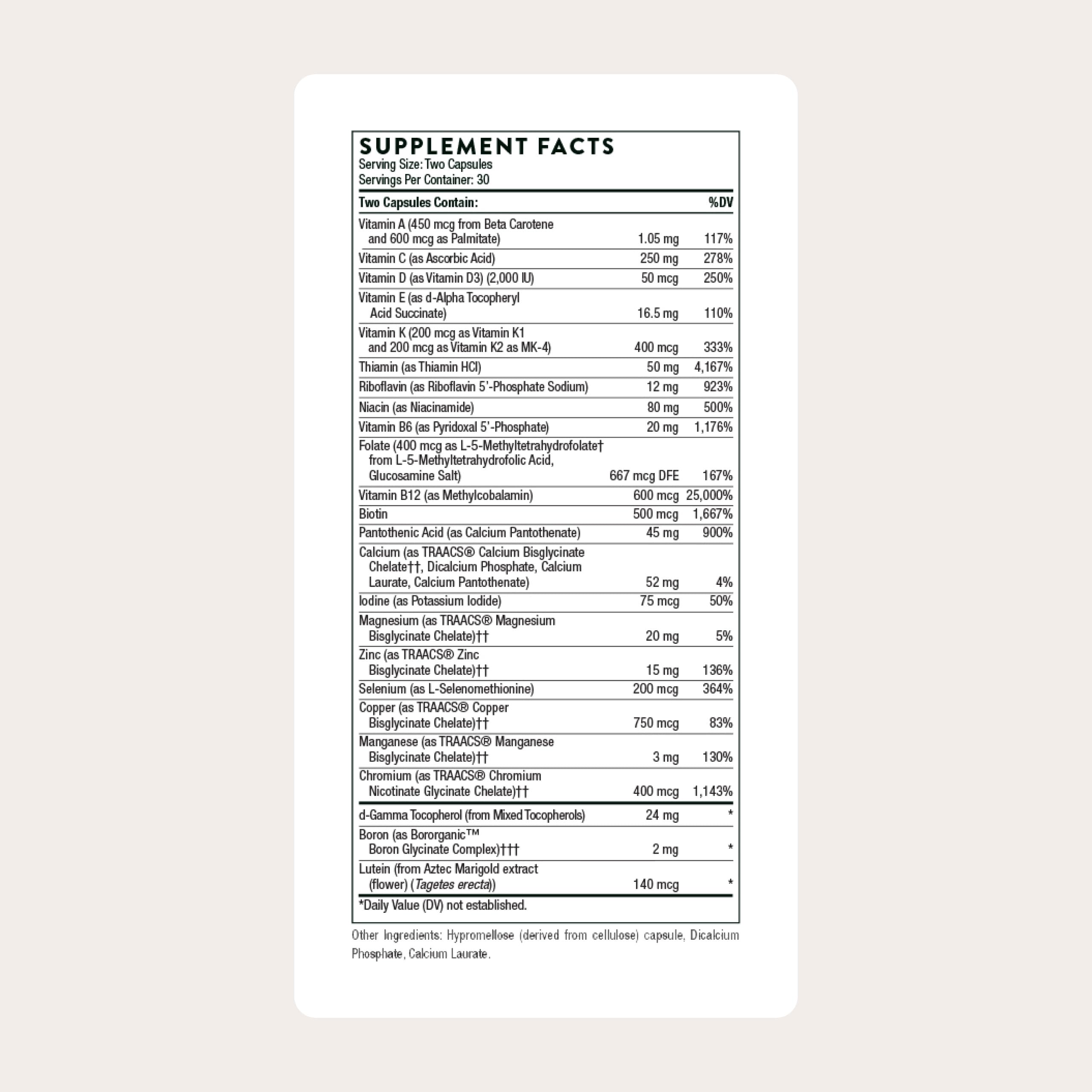 THORNE vista lateral de etiqueta con tabla de ingredientes y dosificación clara