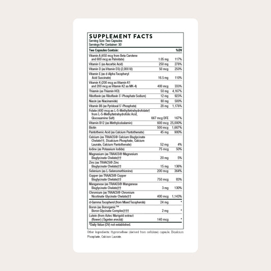 THORNE vista lateral de etiqueta con tabla de ingredientes y dosificación clara