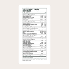 THORNE vista lateral de etiqueta con tabla de ingredientes y dosificación clara
