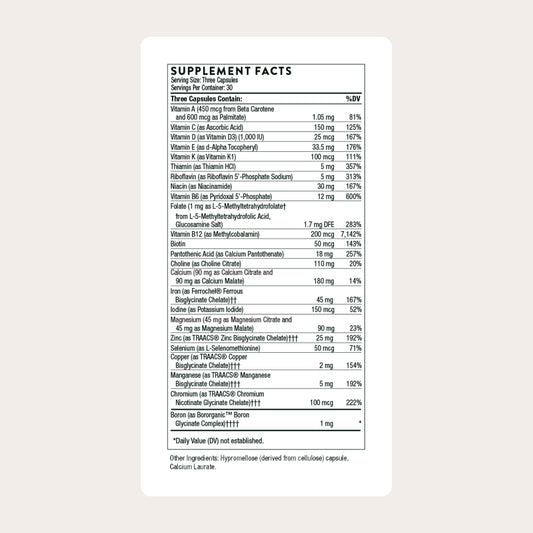 THORNE Basic Prenatal, primer plano de comprimidos para absorción suave