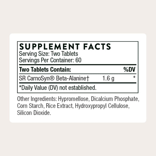 THORNE beta-alanine sustained-release bottle shows a 60-serving pack.