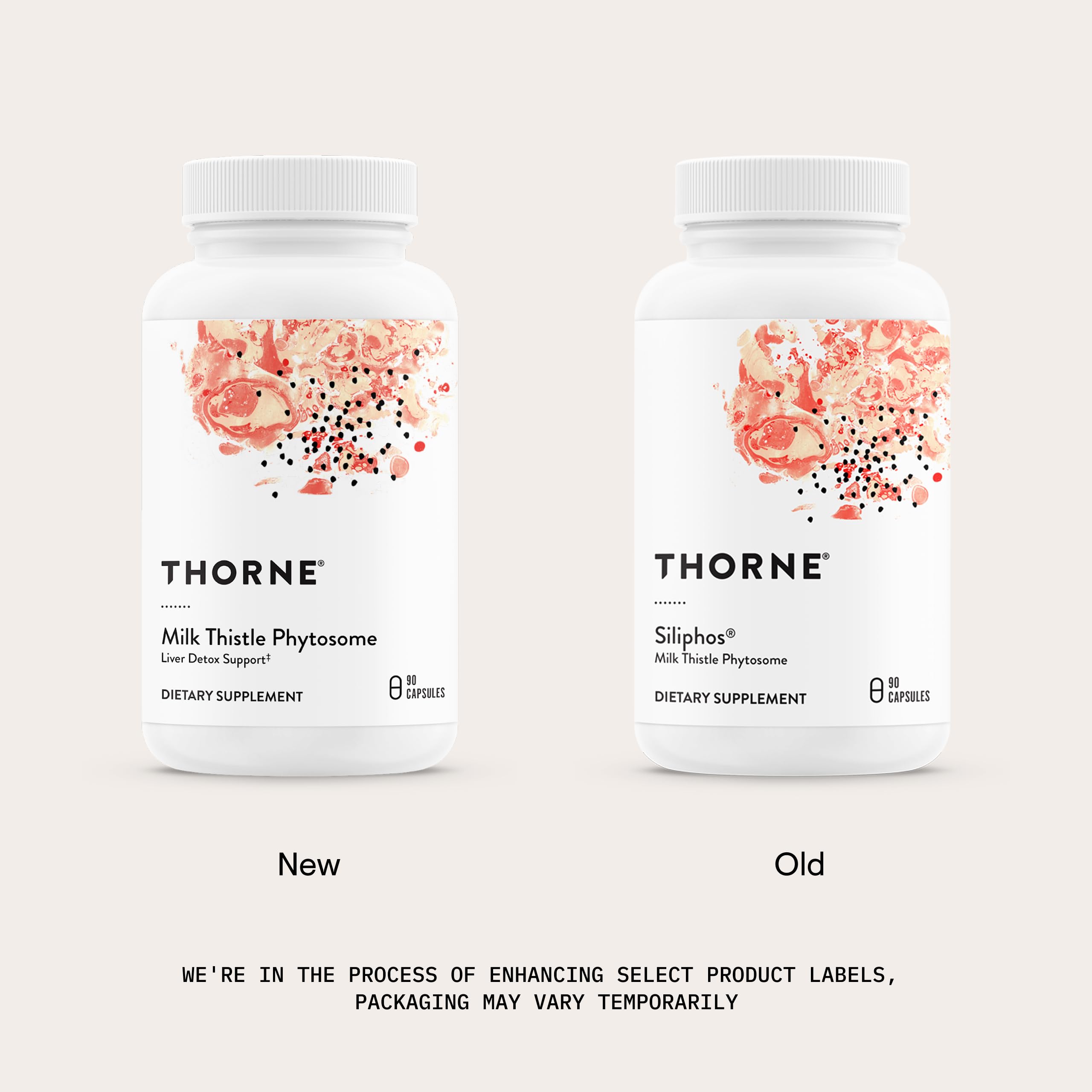 THORNE envase abierto con cápsulas visibles para ver cantidad por frasco