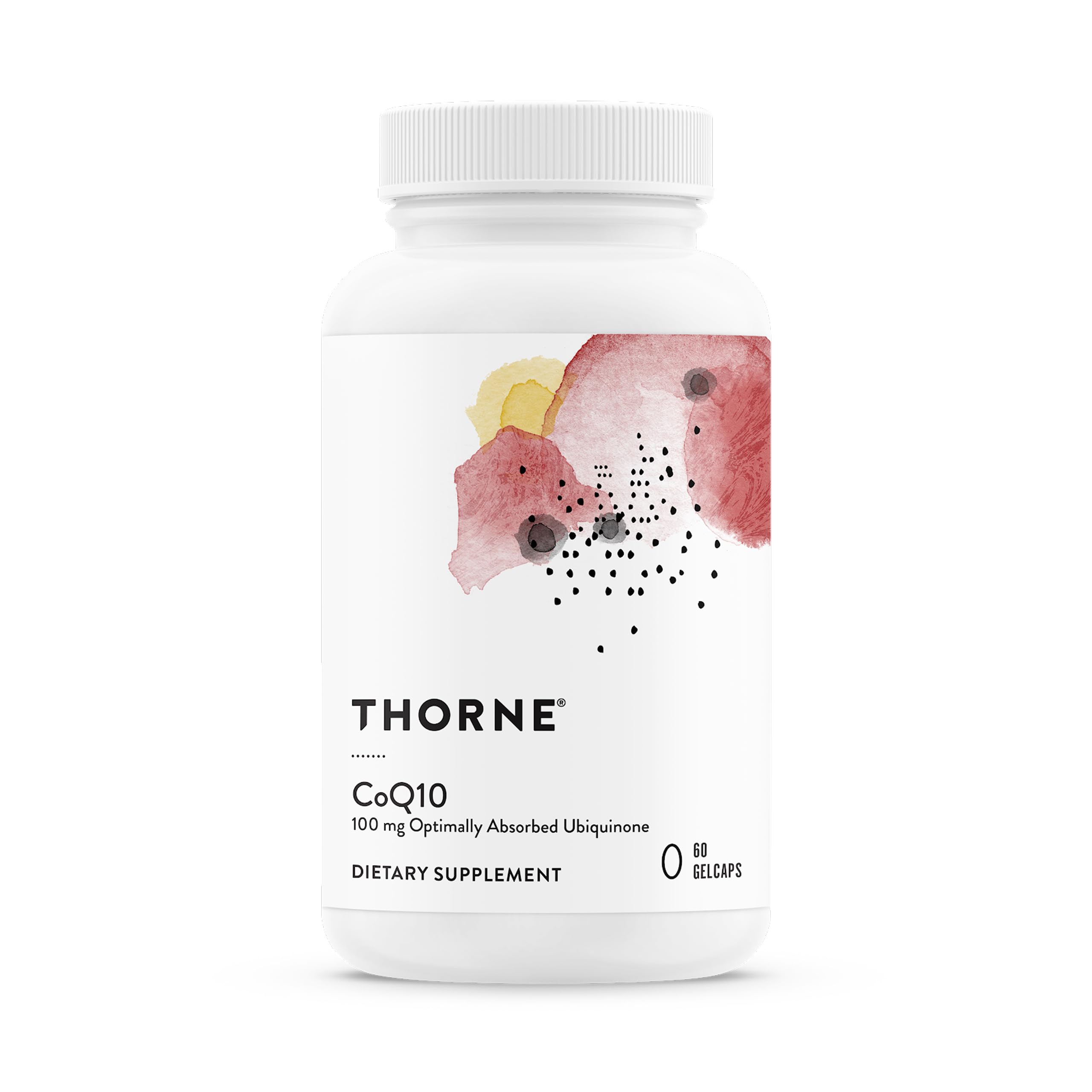 THORNE CoQ10, botella de suplemento, absorción optimizada para energía diaria.