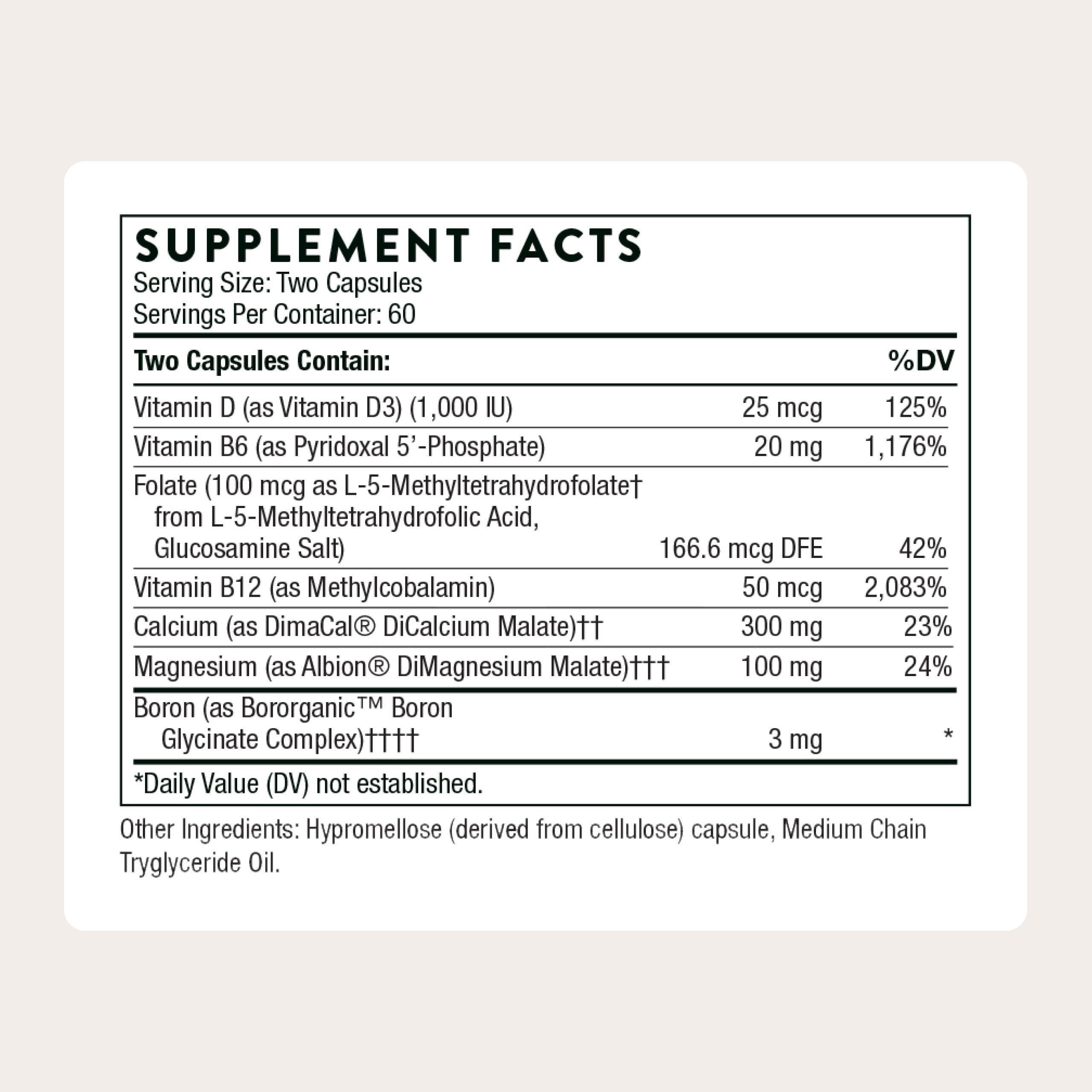 THORNE detalle de la etiqueta con lista de ingredientes y trazabilidad clara
