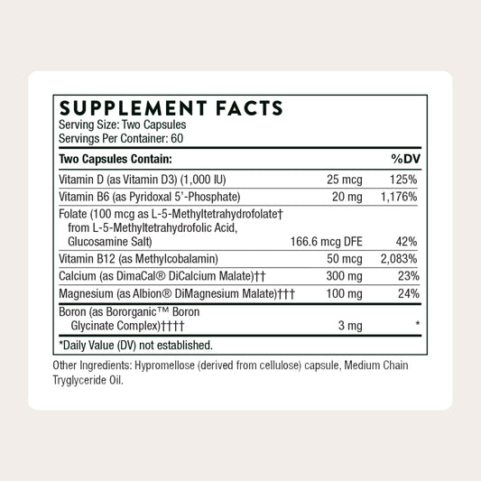 THORNE detalle de la etiqueta con lista de ingredientes y trazabilidad clara