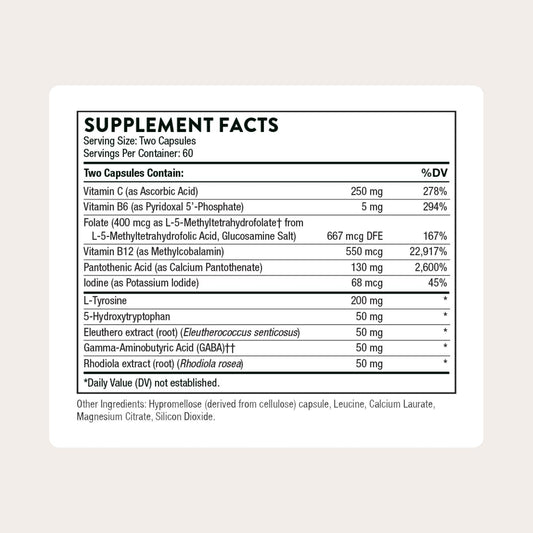 THORNE Emotion Balance etiqueta frontal destacando ingredientes botánicos para bienestar emocional.