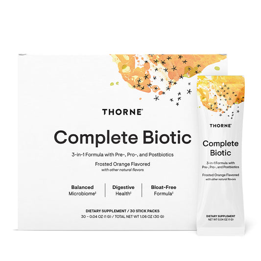 THORNE empaque frontal mostrando los 30 stick packs y beneficios claros