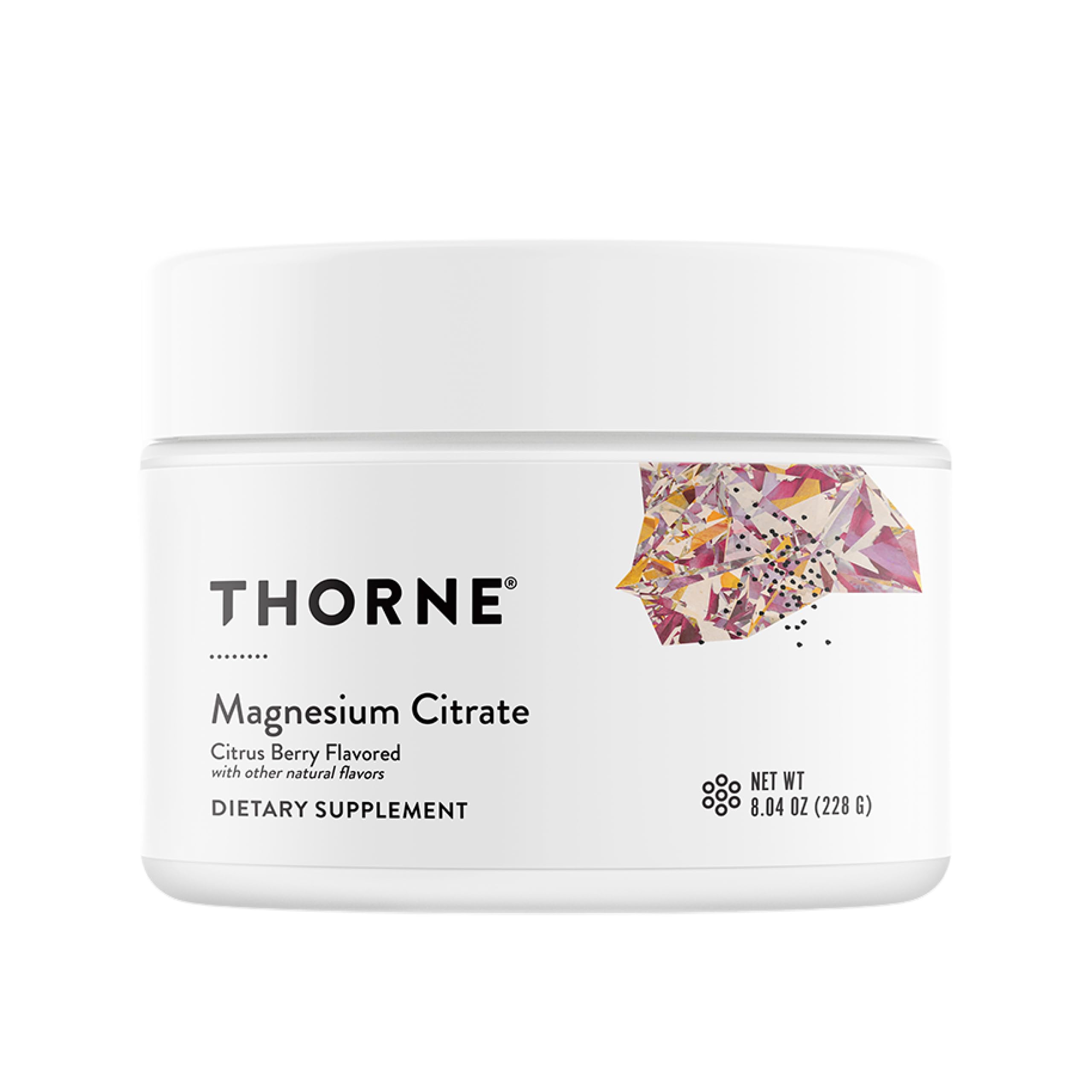 THORNE envase delantero del citrato de magnesio mostrando el sabor cítrico-berry y facilidad de uso