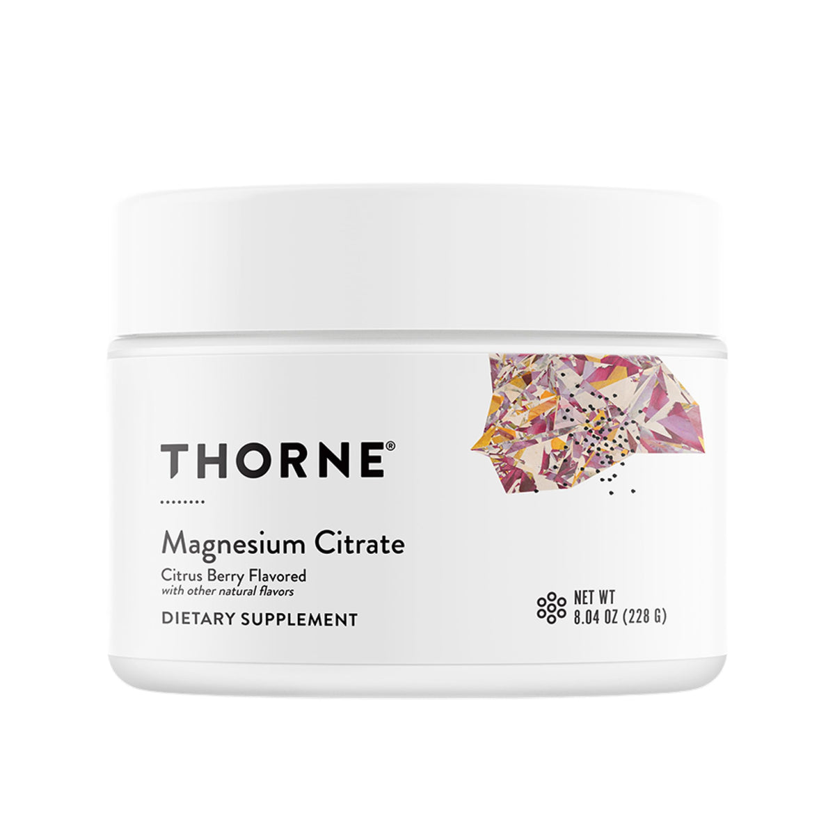 THORNE envase delantero del citrato de magnesio mostrando el sabor cítrico-berry y facilidad de uso