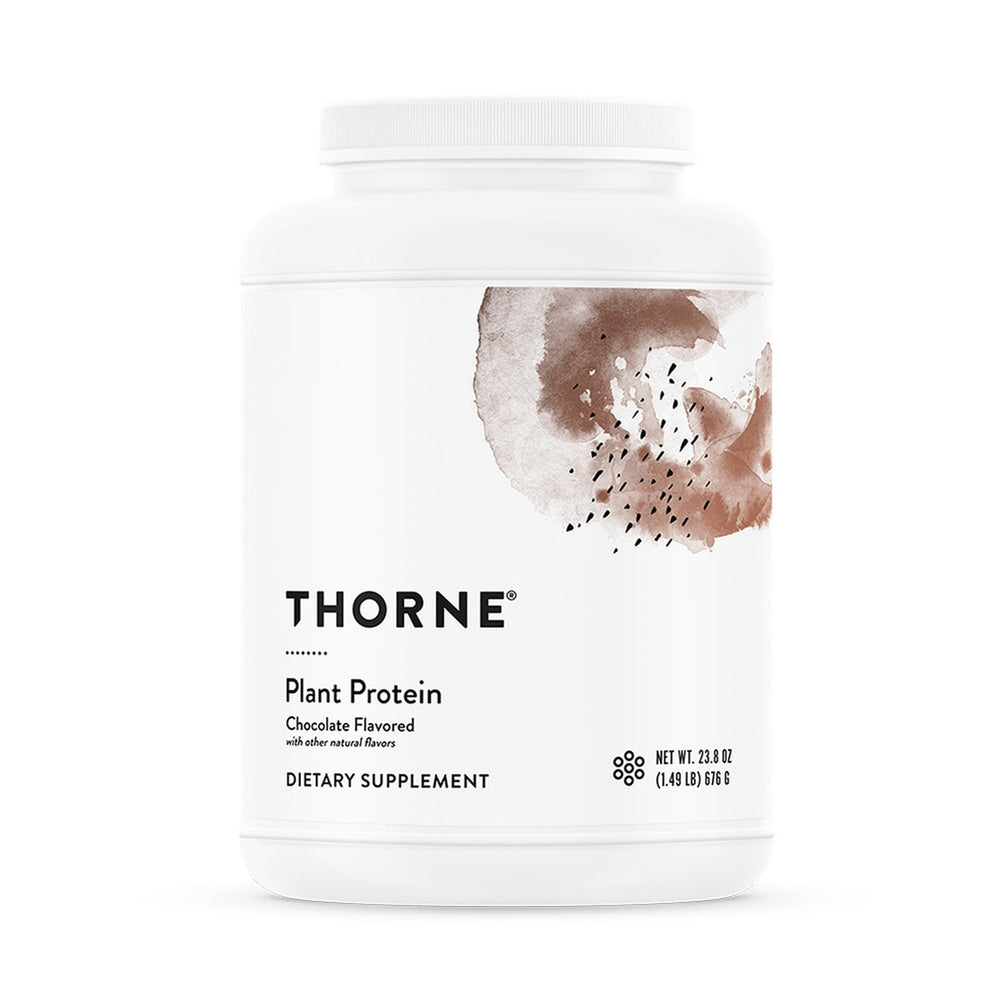 THORNE envase frontal de Plant Protein mostrando formato y sabor chocolate