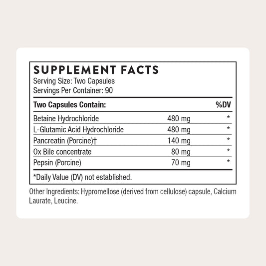 THORNE enzimas digestivas, etiqueta clara: confianza en los ingredientes.