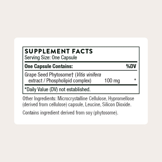 THORNE Extracto de semilla de uva: etiqueta clara y distintiva para decisión informada.