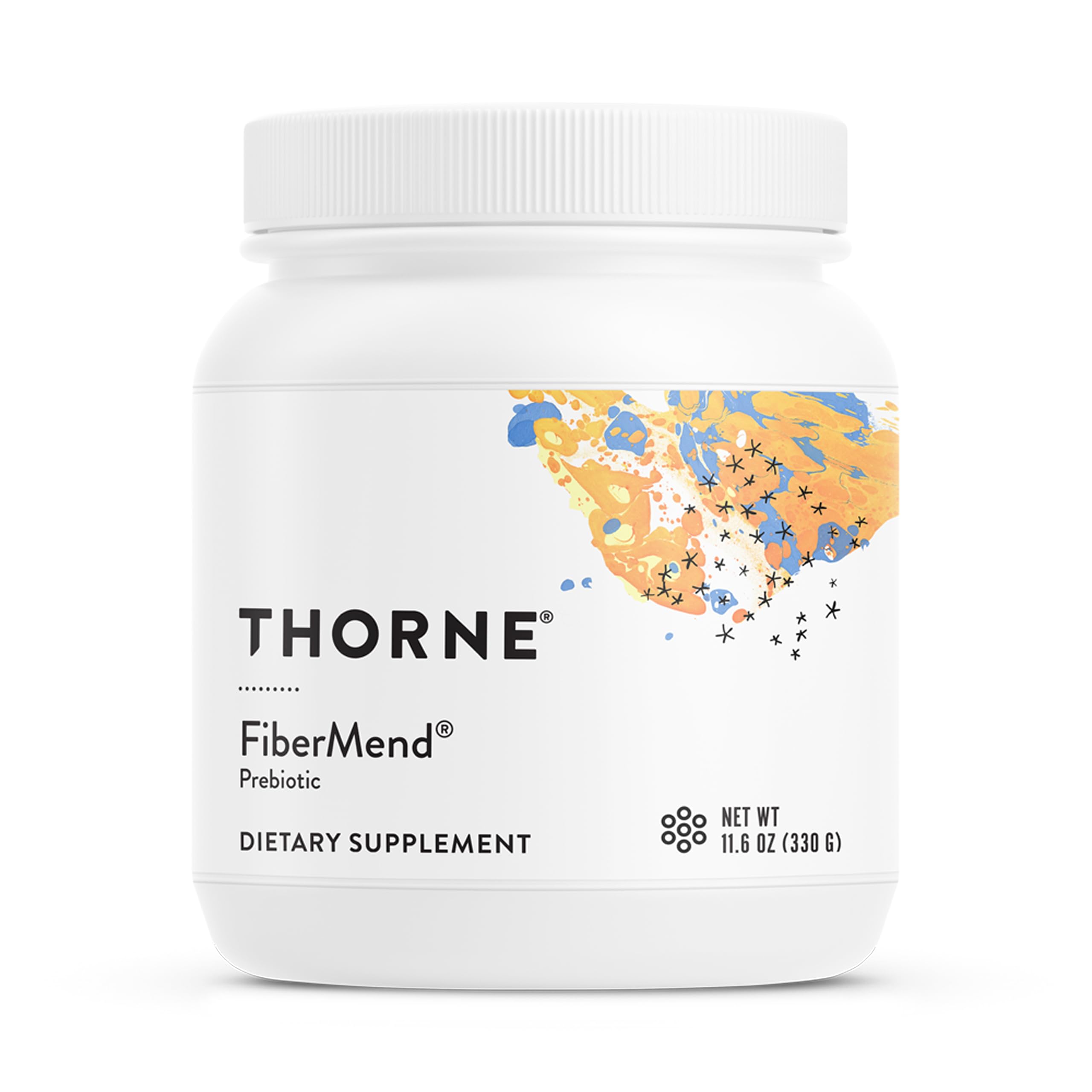 THORNE frasco FiberMend frente mostrando presentación y porciones