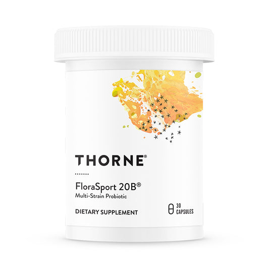 THORNE envase frontal de FloraSport 20B mostrando diseño y beneficios