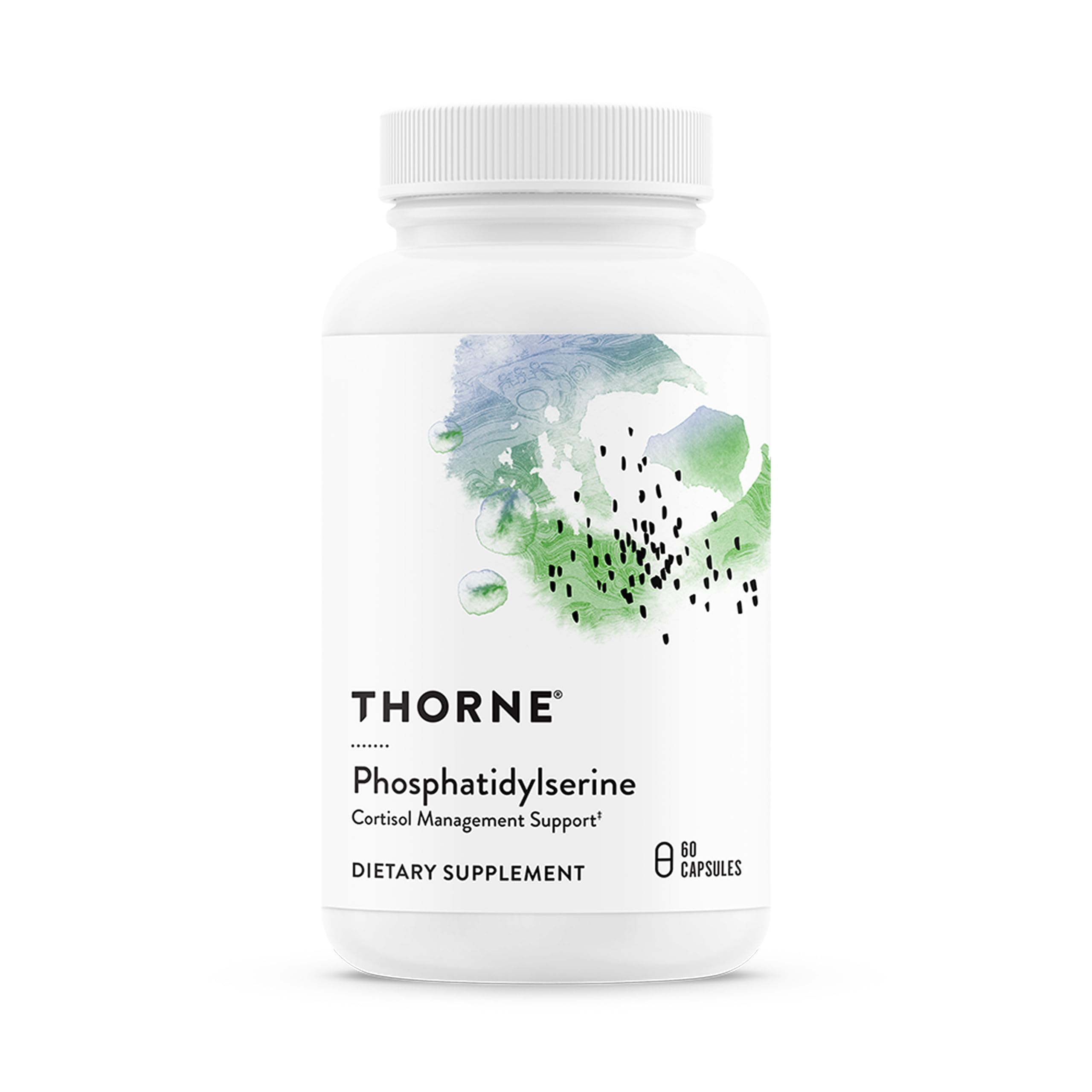 THORNE frasco de Phosphatidylserine 100 mg mostrando el frente y beneficios