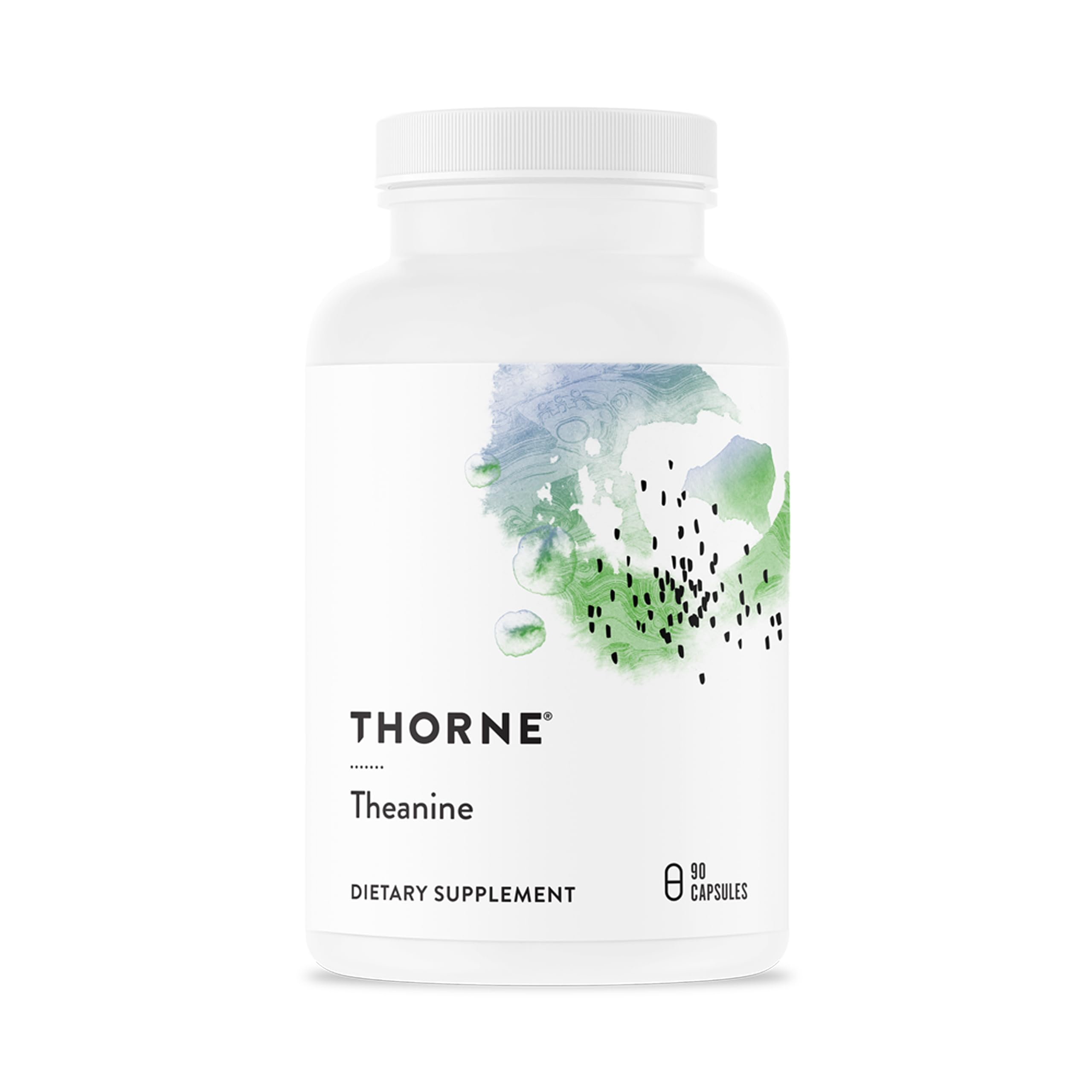 THORNE frasco frontal de Theanine 200 mg mostrando diseño y tamaño