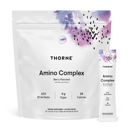 THORNE frasco frontal mostrando Amino Complex y beneficios de recuperación
