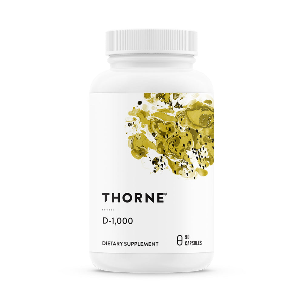 THORNE envase frontal de Vitamin D-1,000 D3 mostrando dosis y cantidad, confianza de marca