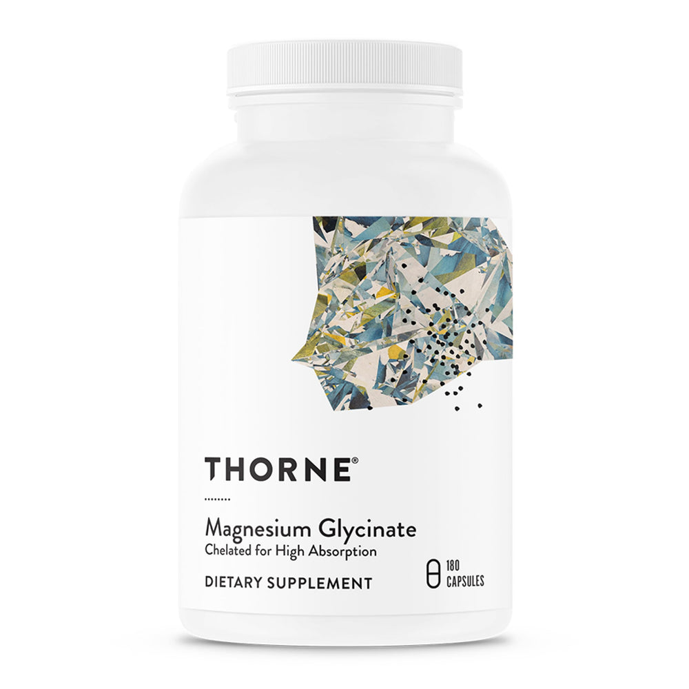 THORNE envase frontal de Magnesium Glycinate mostrando 180 cápsulas y confianza