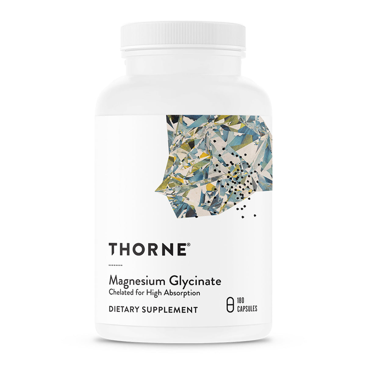 THORNE envase frontal de Magnesium Glycinate mostrando 180 cápsulas y confianza