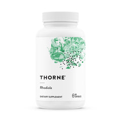 Envase frontal de Thorne Rhodiola 100 mg mostrando etiqueta clara y beneficio de apoyo al estrés