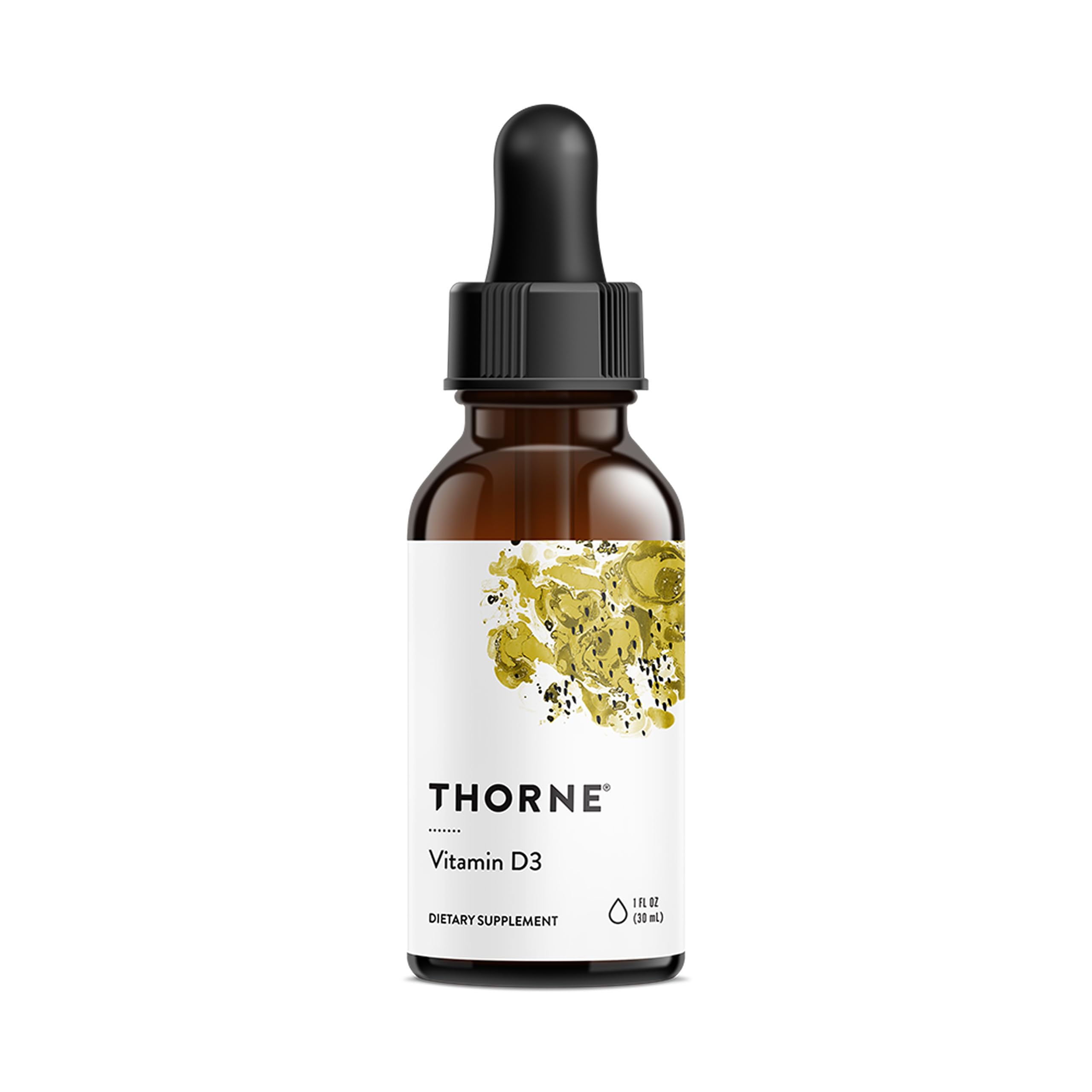 THORNE envase frontal de vitamina D3 líquida mostrando etiqueta clara y tamaño