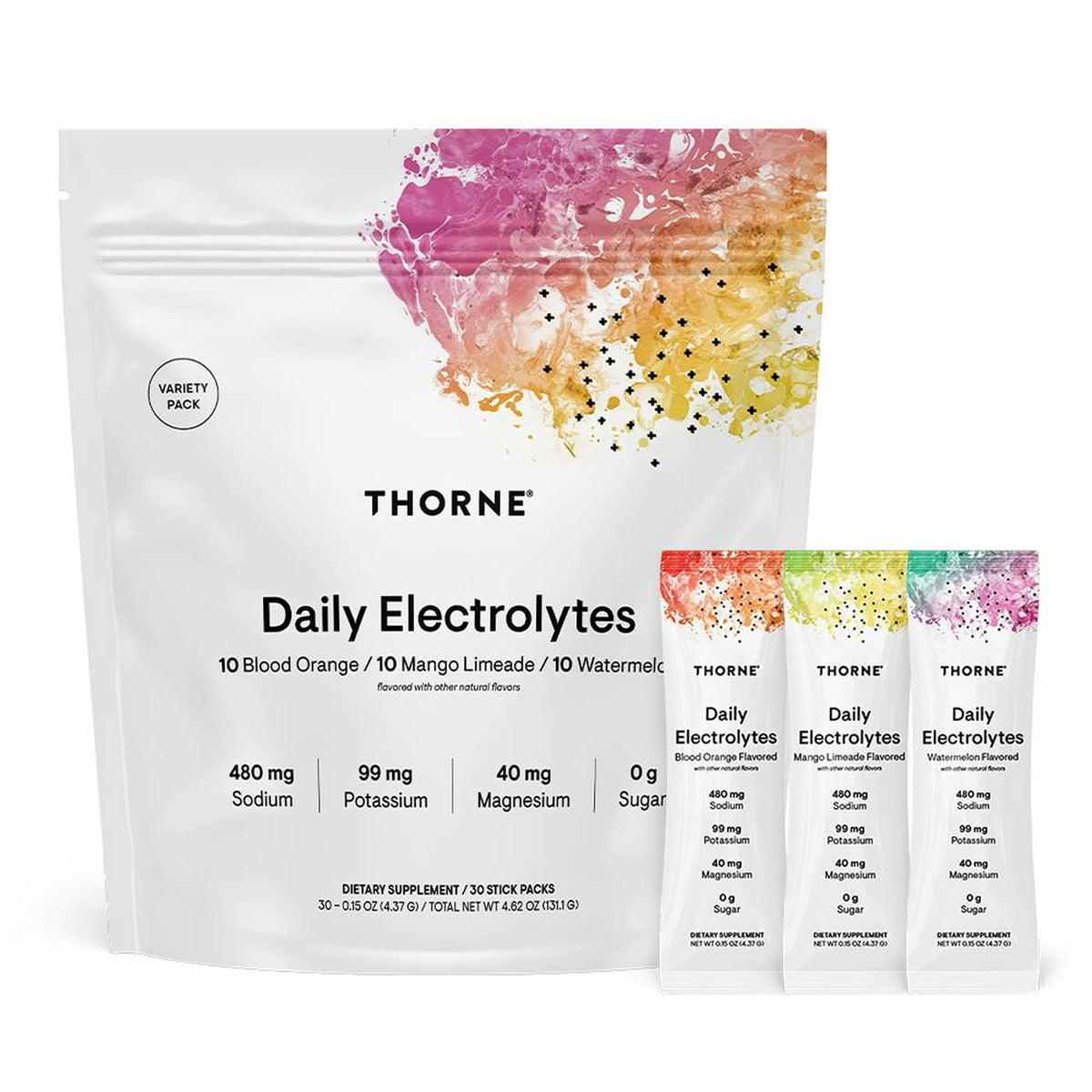 THORNE envase frontal con 30 sobres, visual práctico y confianza