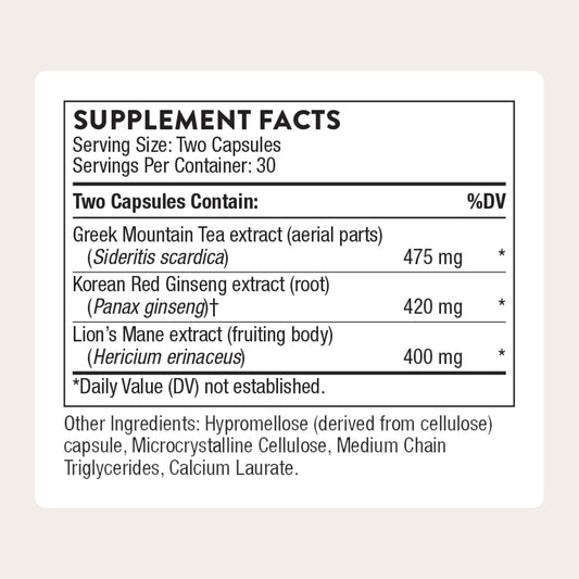 THORNE Ginseng Plus, cápsulas que pueden apoyar la memoria y la resiliencia frente al estrés.