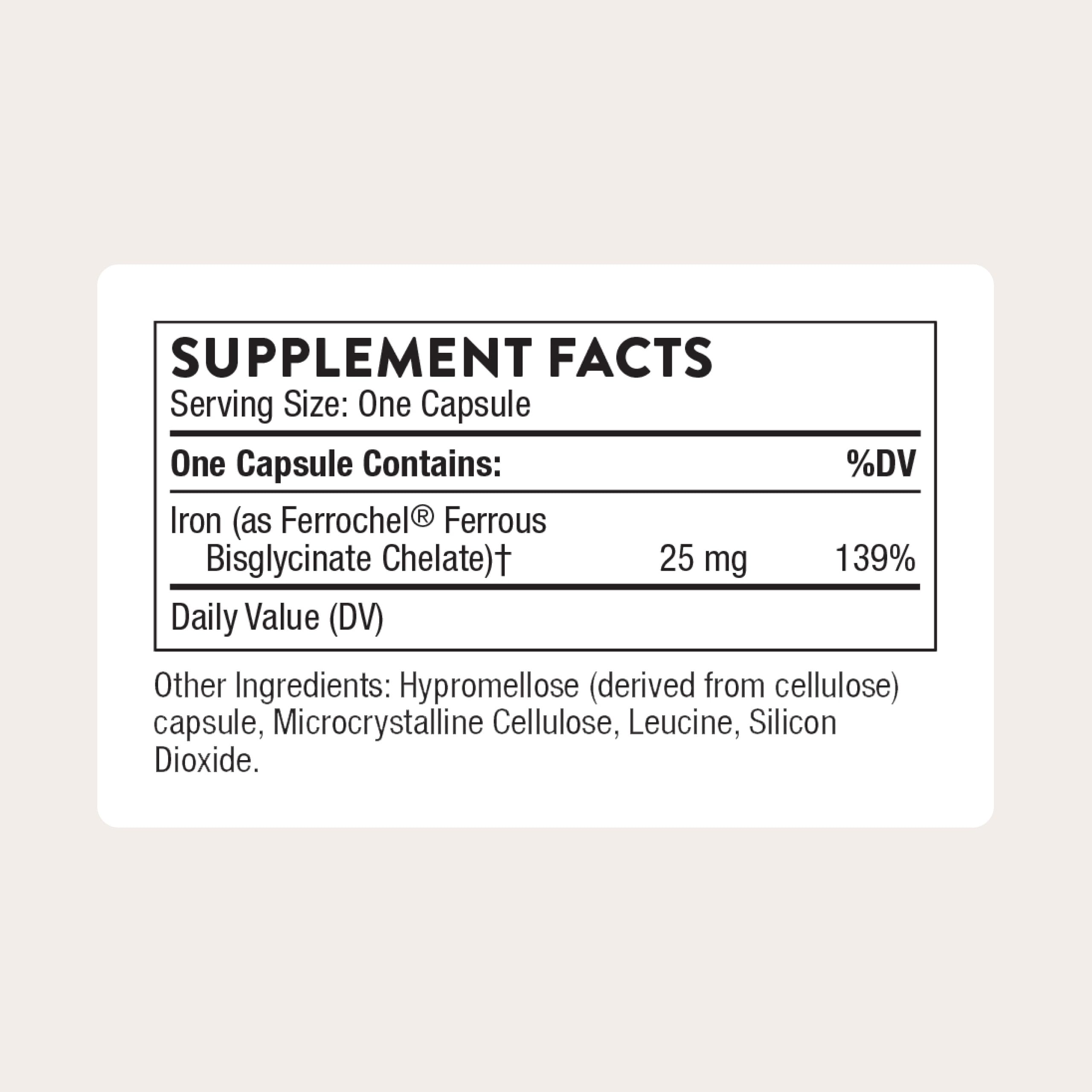 Cápsula THORNE Hierro Bisglicinato para ingesta suave.